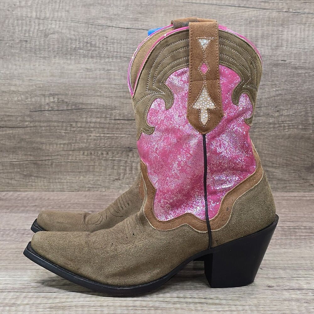 Sterling River Women's Size 9 B Brown Suede Shimmer Pink Western Cowgirl Boots - Picture 4 of 11